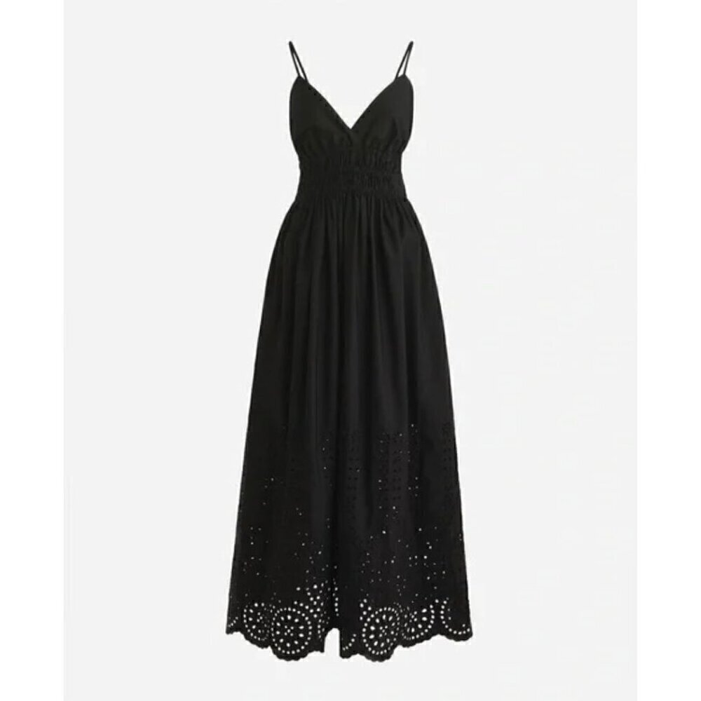 New J. Crew Size 2 V-neck smocked-waist dress in cotton poplin Black *Stain*